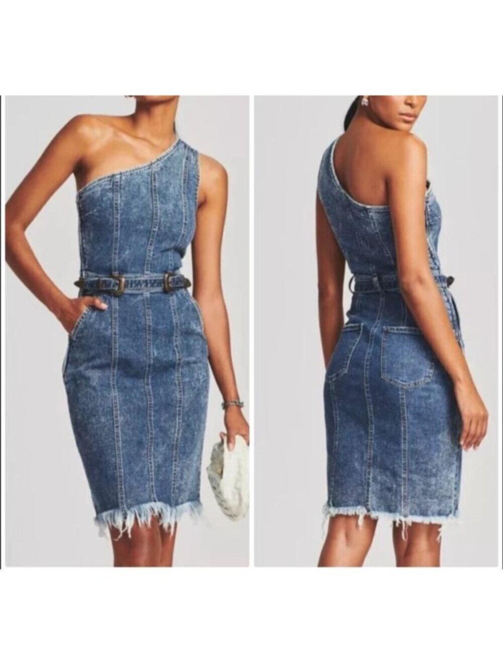 New Retrofete Giorgio Denim‎ One Shoulder Midi Dress Size Medium Sheath Belted